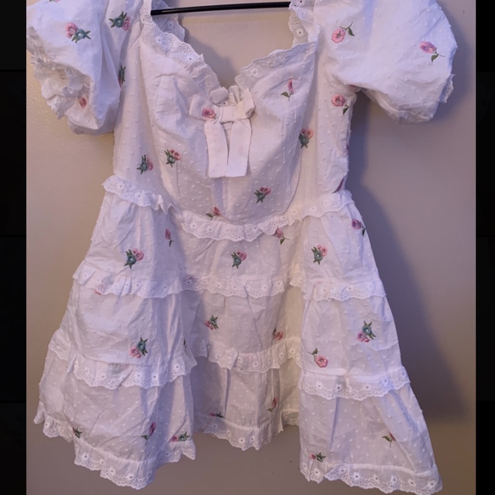 Flower embroidered white dot detail dress